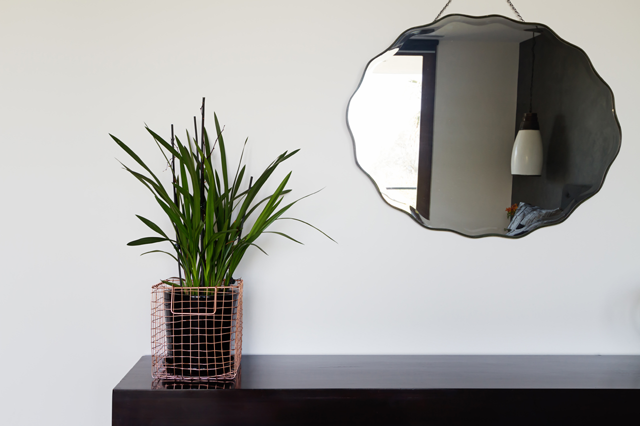 Home interior decor details copper wire basket and mirror